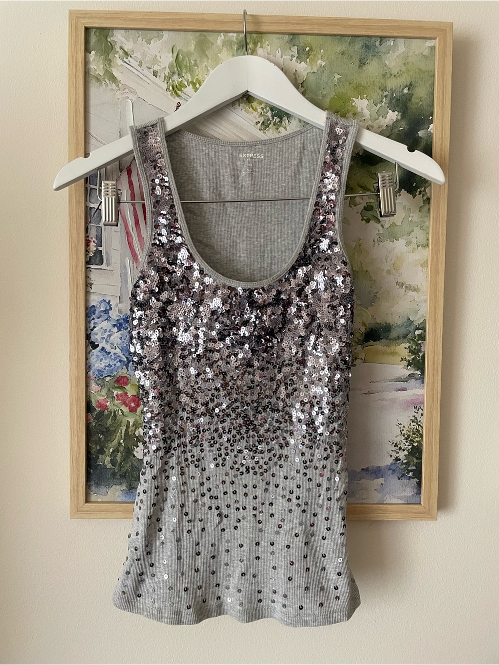 Express Sequin Ombre Ribbed Tank Top Heather Gray XS McBling Y2K Style